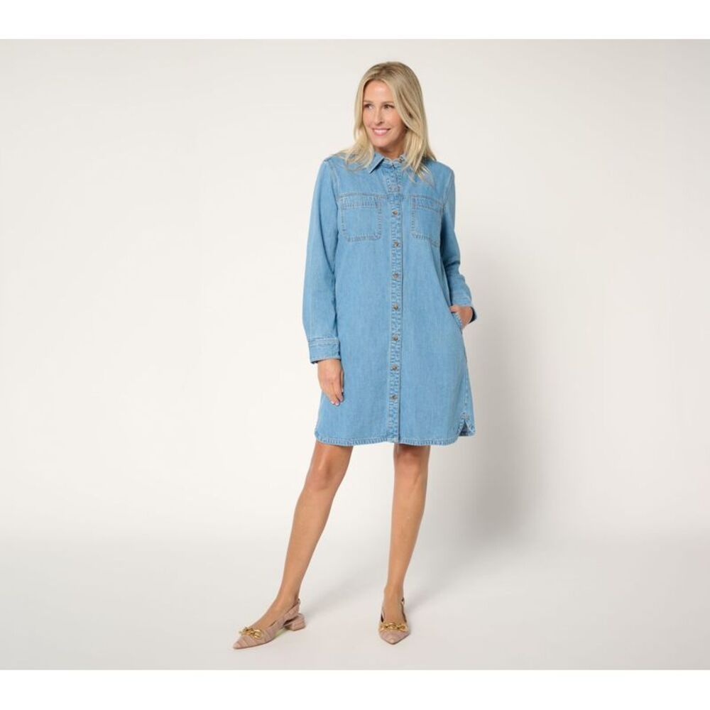 NYDJ Women's Dress Sz L Reese Denim Long Sleeves Shirt Blue A705554